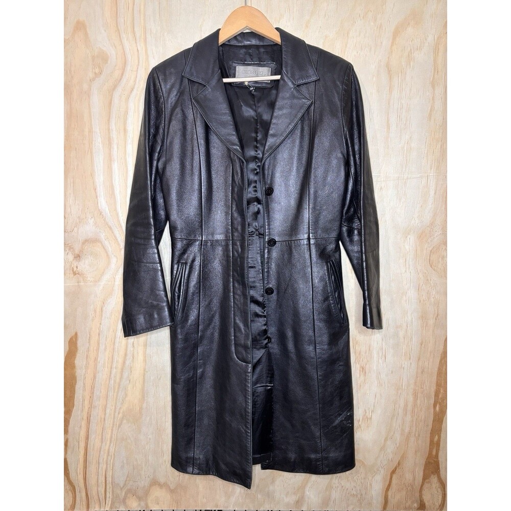 90’s Giorgio Cuirs Black leather Mid Length Trench Coat Size 36 Size Xs* flaw